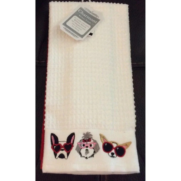 NWT Charmont Set Of 2 Kitchen Towels Boston Terrier Dog Dogs Sunglasses - Picture 1 of 2